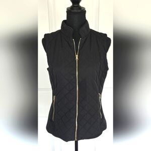 New York & Company Fitted Quilted Black Vest Gold Zipper Sz Sm